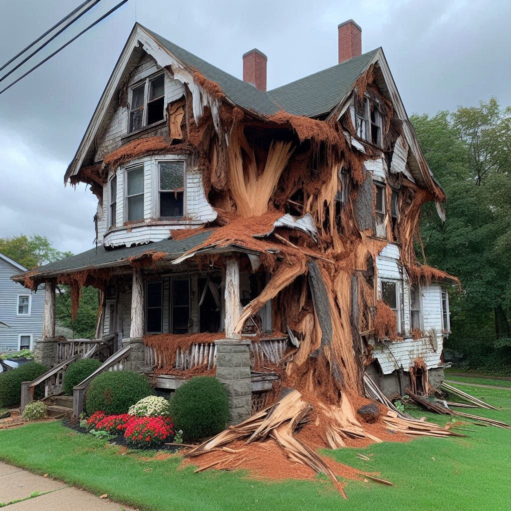 Signs Your Chelmsford Home Needs a Tree Inspection Blog Article - Tree with visible damage, including broken branches and signs of disease near an Chelmsford home
